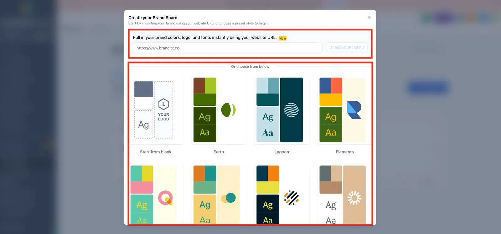 Schermata delle opzioni di creazione del Brand Board: da zero, template o URL