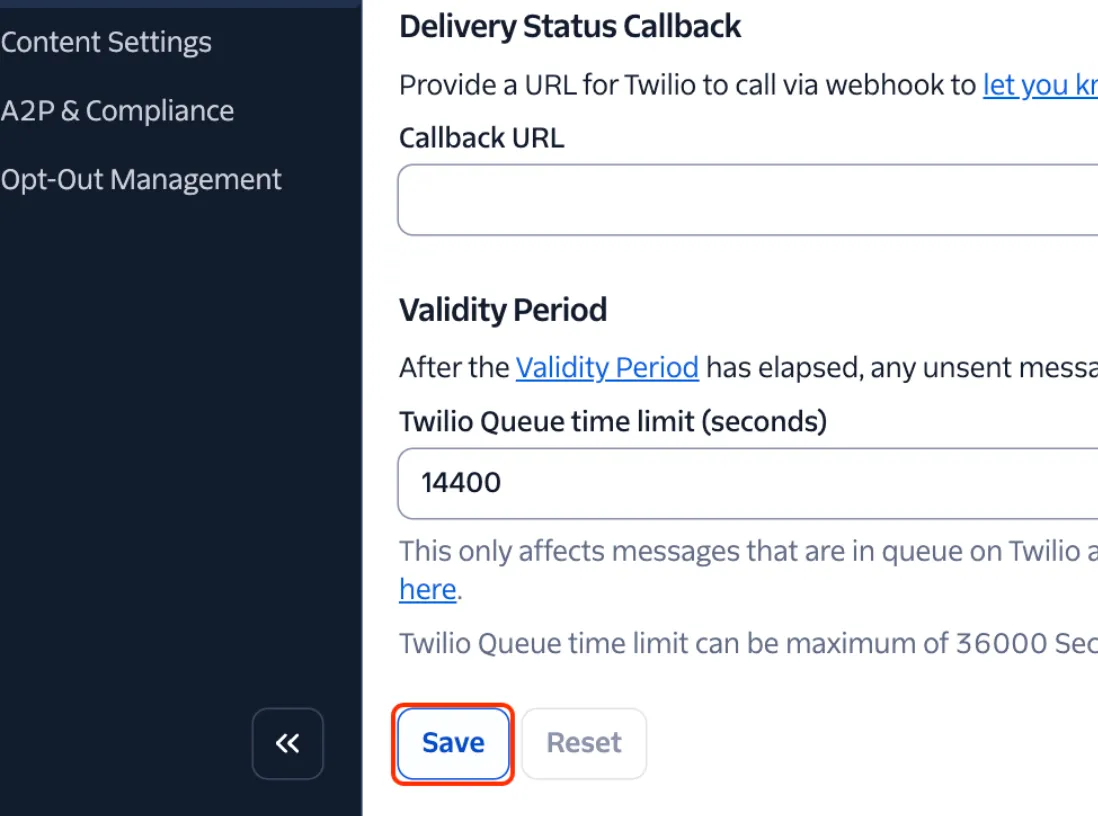 Schermata pulsante Save su Twilio
