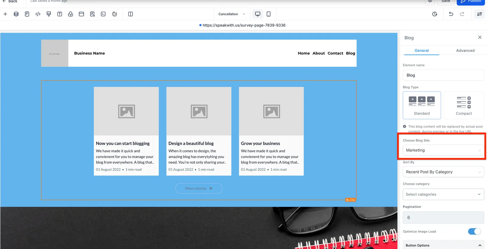 Schermata pubblicazione Funnel con widget blog