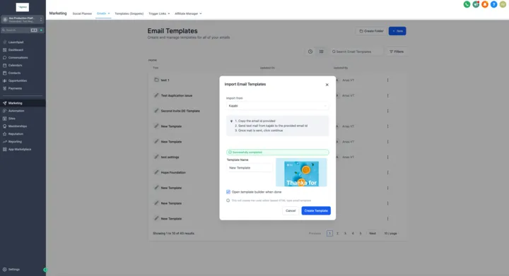 Schermata finale di creazione del template importato