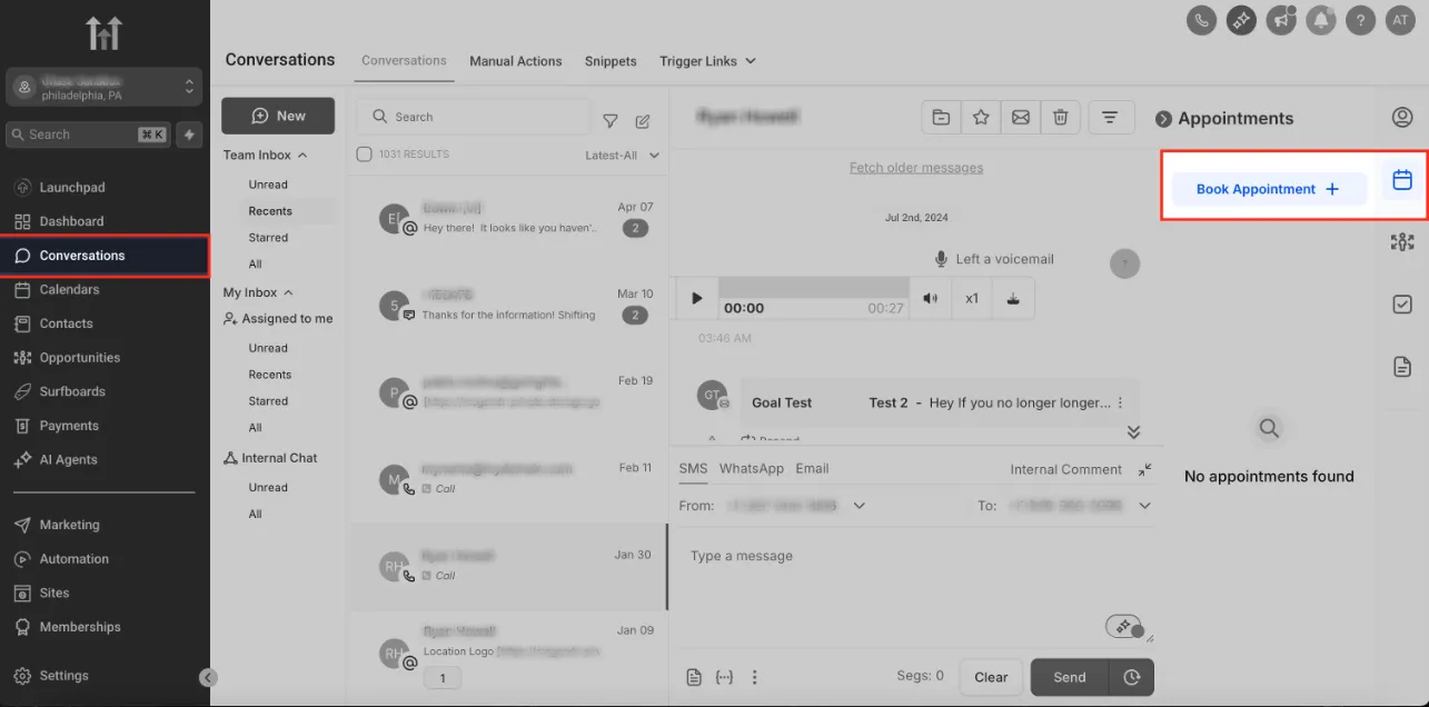 Pulsante Prenota appuntamento nella scheda Conversazioni