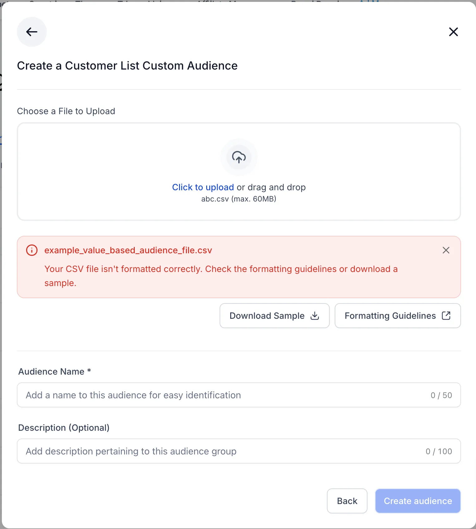 Esempio di errore di upload CSV