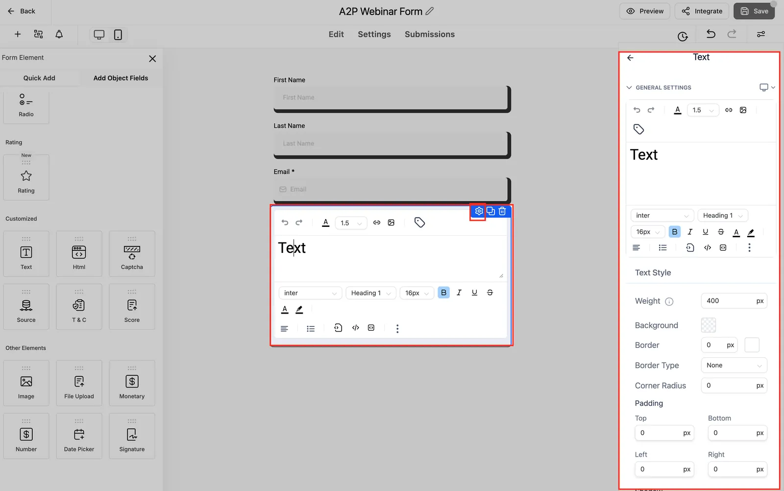 Clic su un elemento di testo nell'editor inline