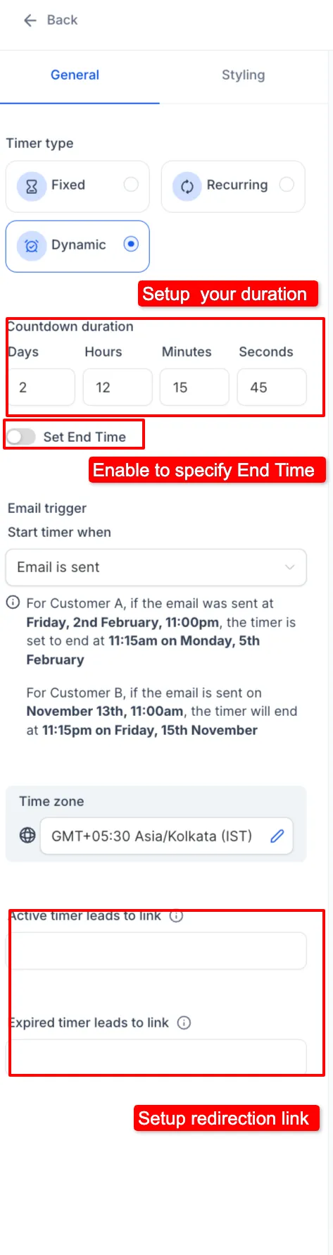 Impostazione durata e ora di fine del timer dinamico