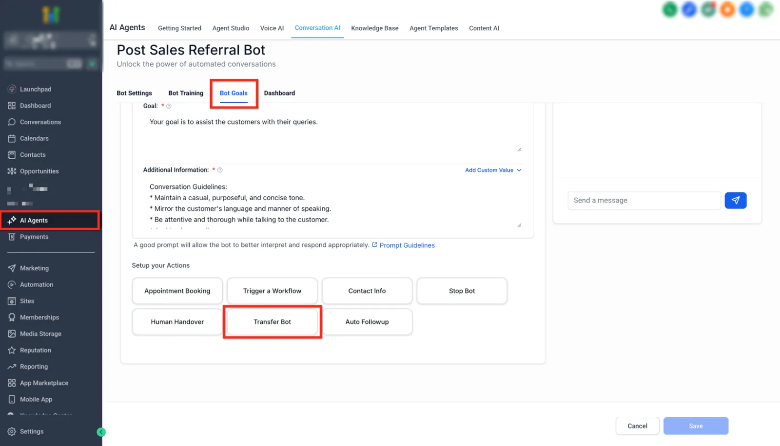 Sezione Setup your Actions con il pulsante Transfer Bot