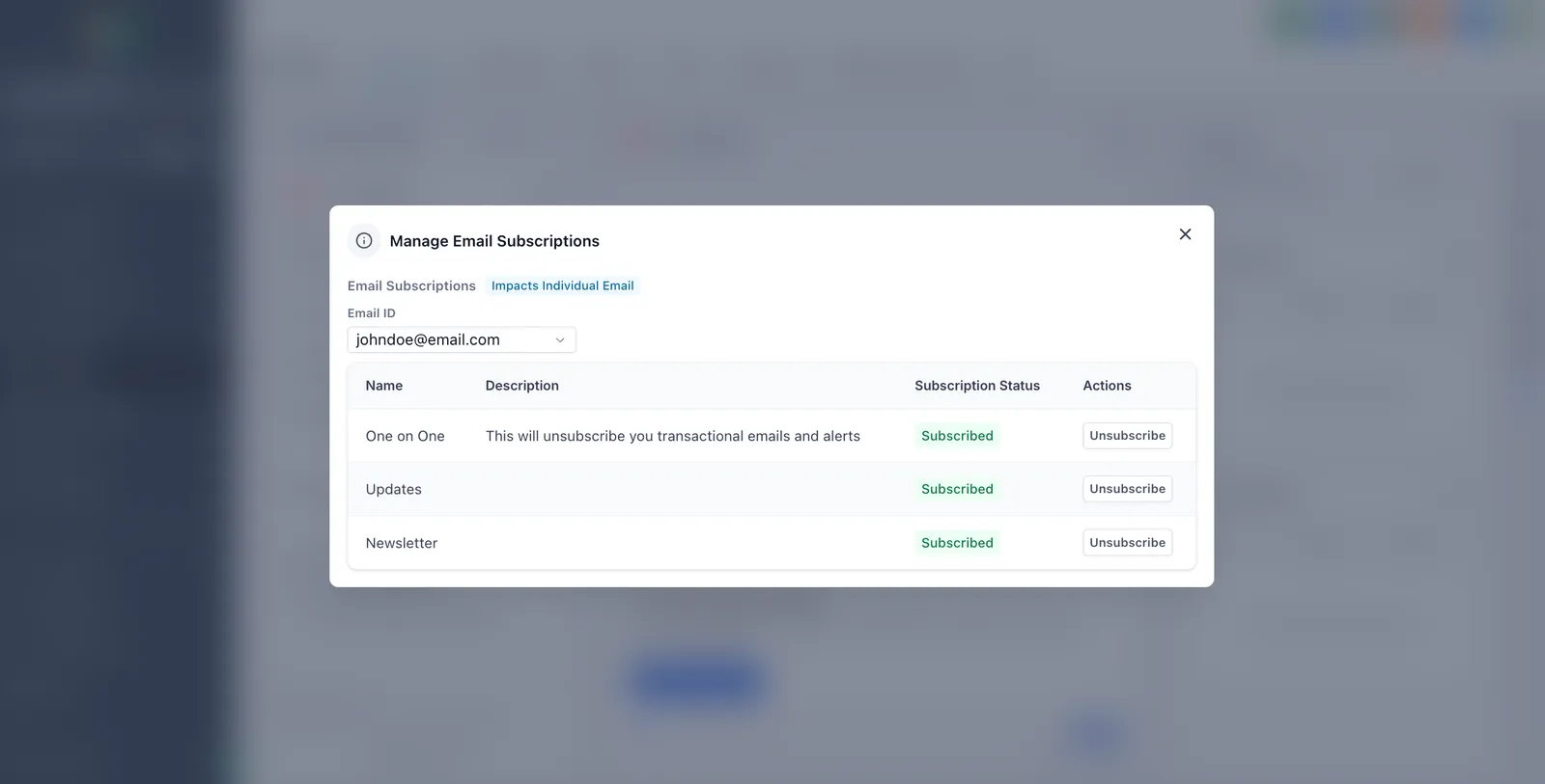 Popup Gestisci Iscrizioni Email
