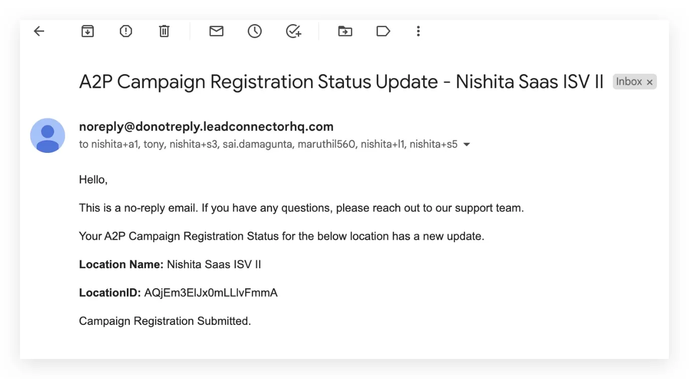 Email di stato verifica A2P / Numero Verde — esempio 1