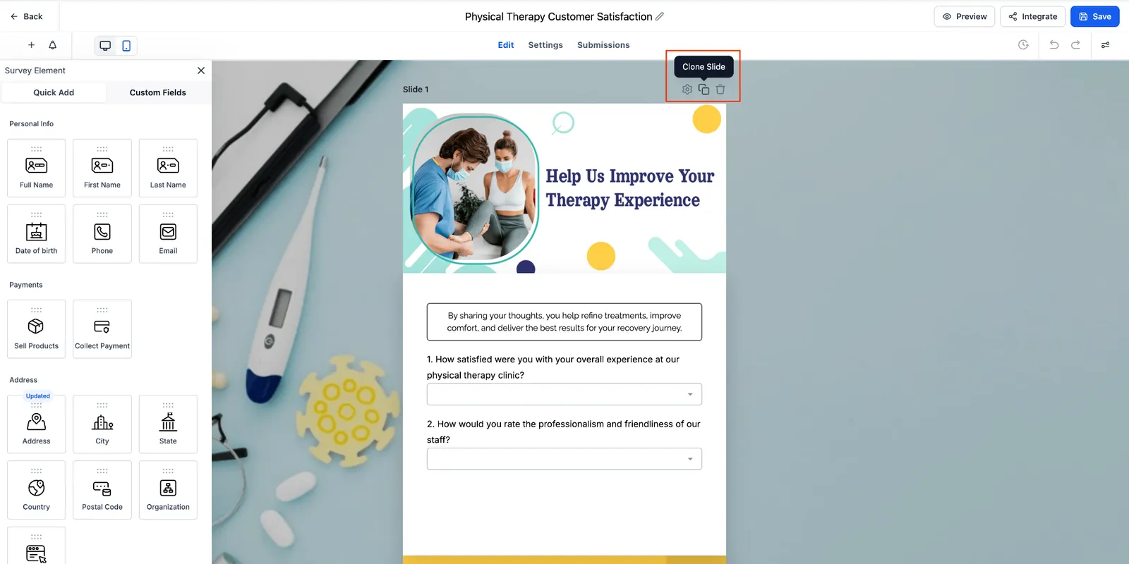 Clonazione di una slide nel builder di Survey o Quiz