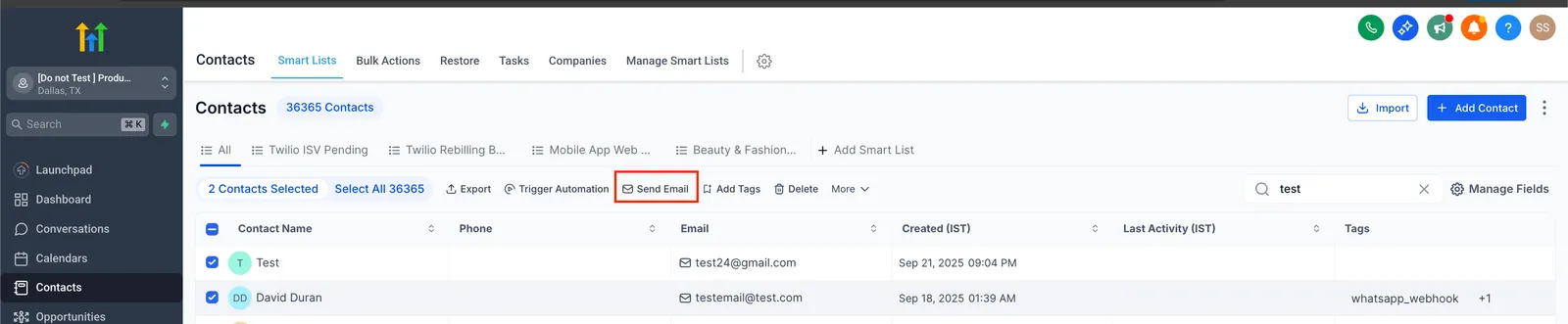 Smart Lists con contatti selezionati — clicca Invia Email