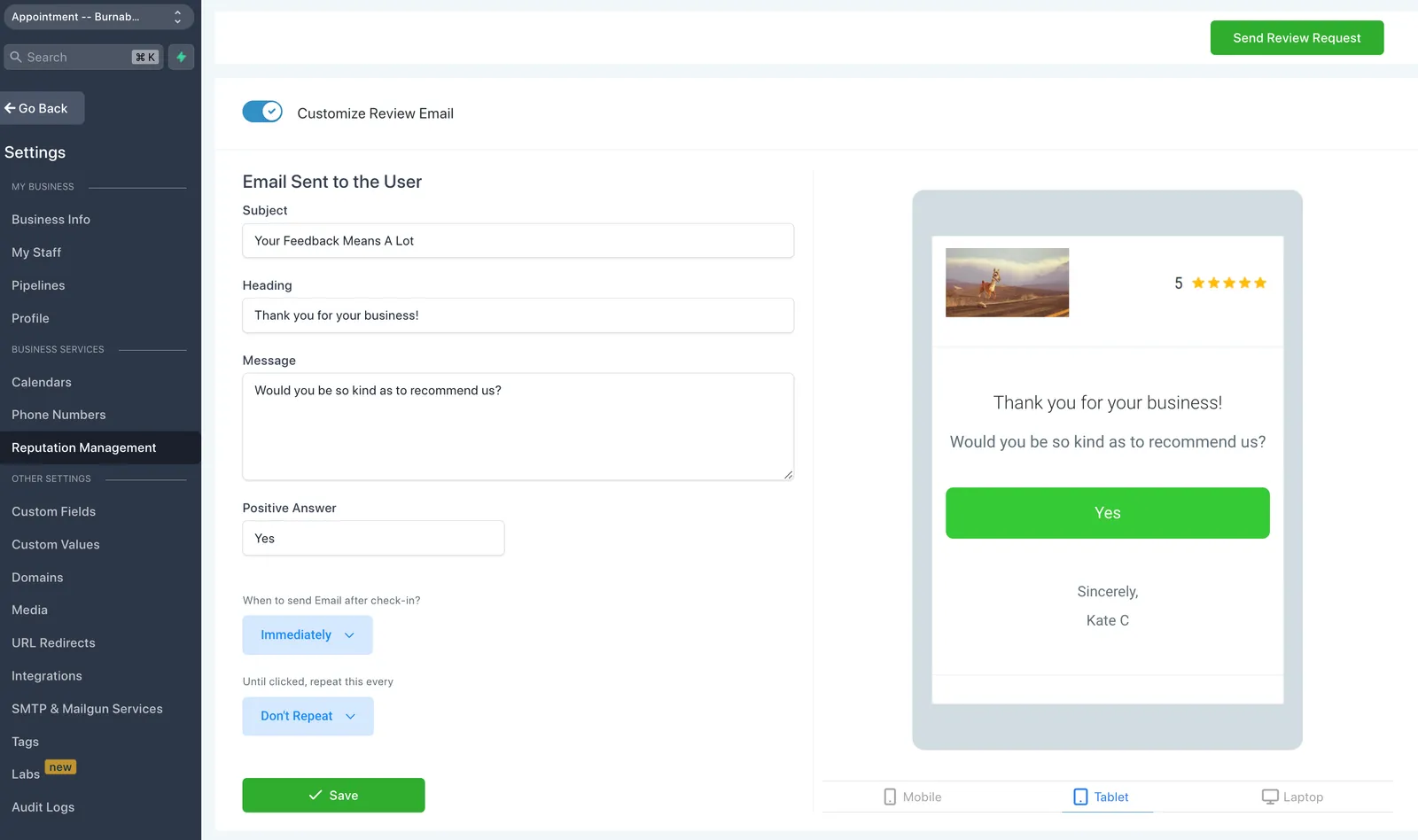 Email e SMS di Richiesta di Recensione Appuntamento