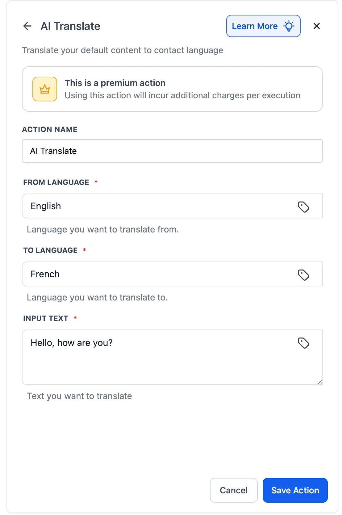 Pannello di configurazione dell'azione AI Translate