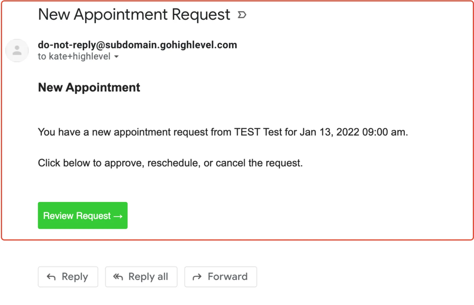 Email di notifica Nuova Richiesta di Appuntamento