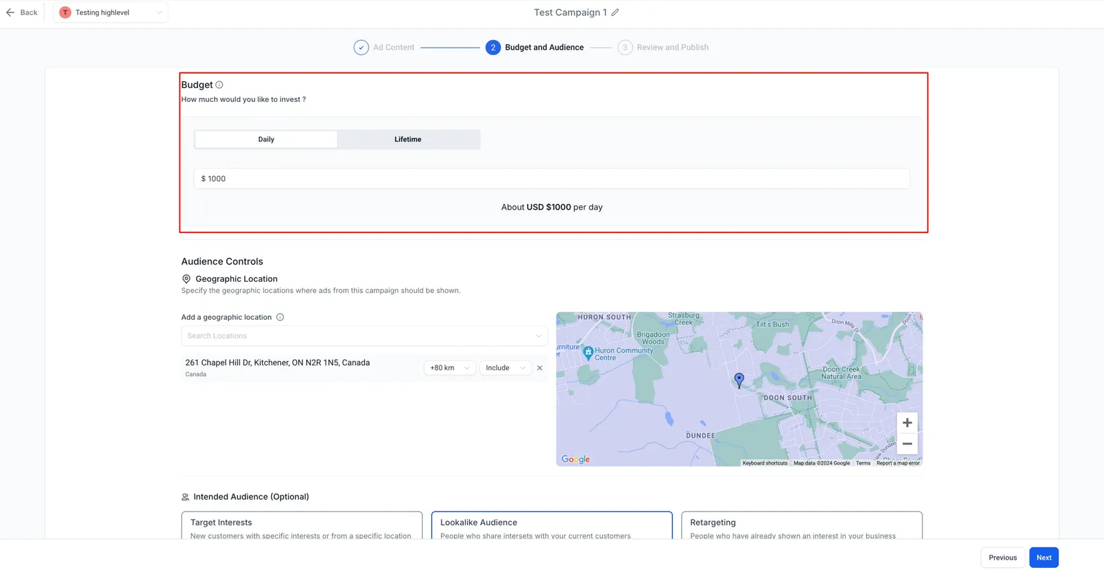 Schermata di definizione del budget campagna in Ad Manager