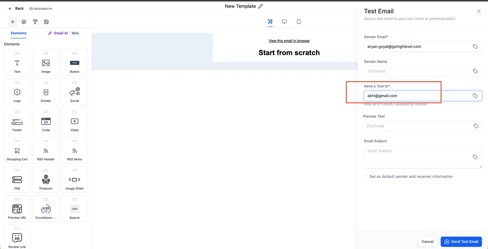 Editor template email dove vengono impostati i dettagli del mittente