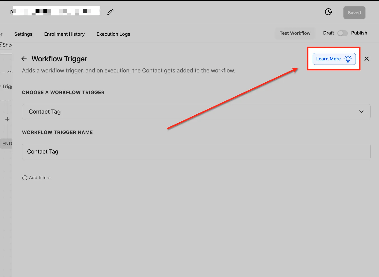 Pulsante Scopri di più nel pannello di configurazione del Workflow