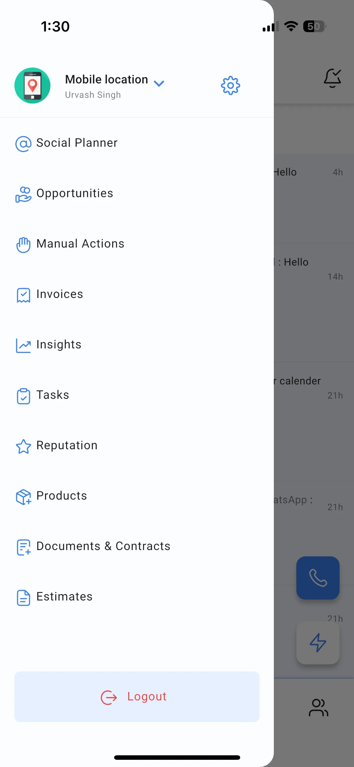menu di navigazione dell'app