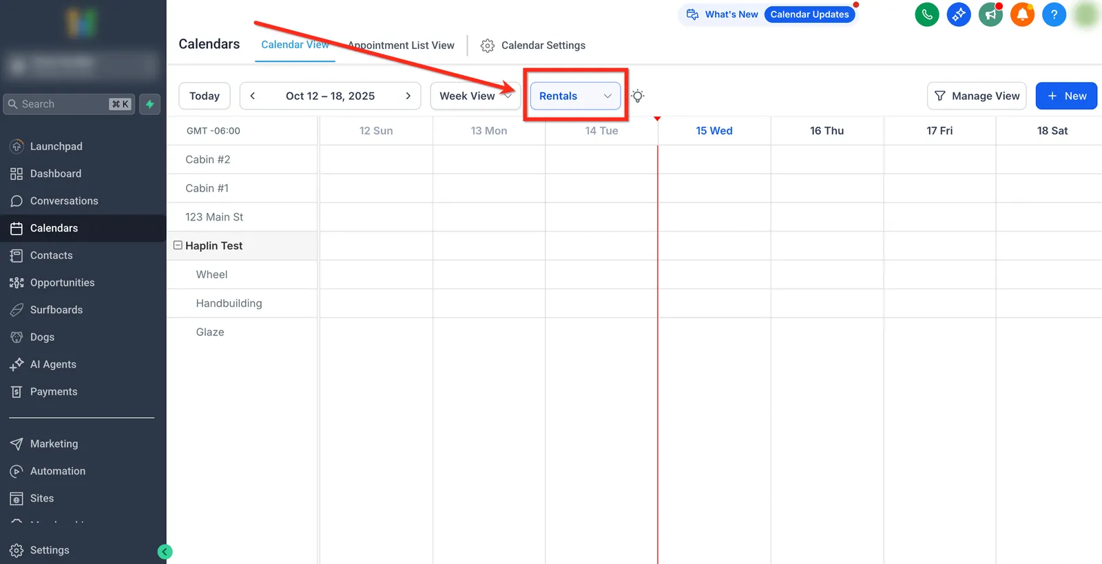 Selezione Rentals dalla vista Calendario
