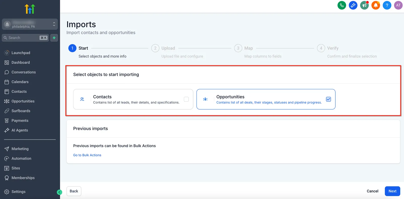 Selezione oggetti da importare: Contatti e/o Opportunità
