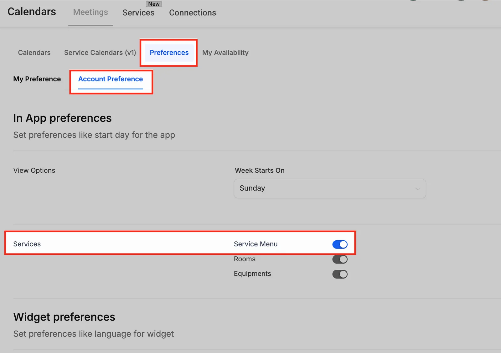 Schermata abilitazione Menu Servizi nelle preferenze account