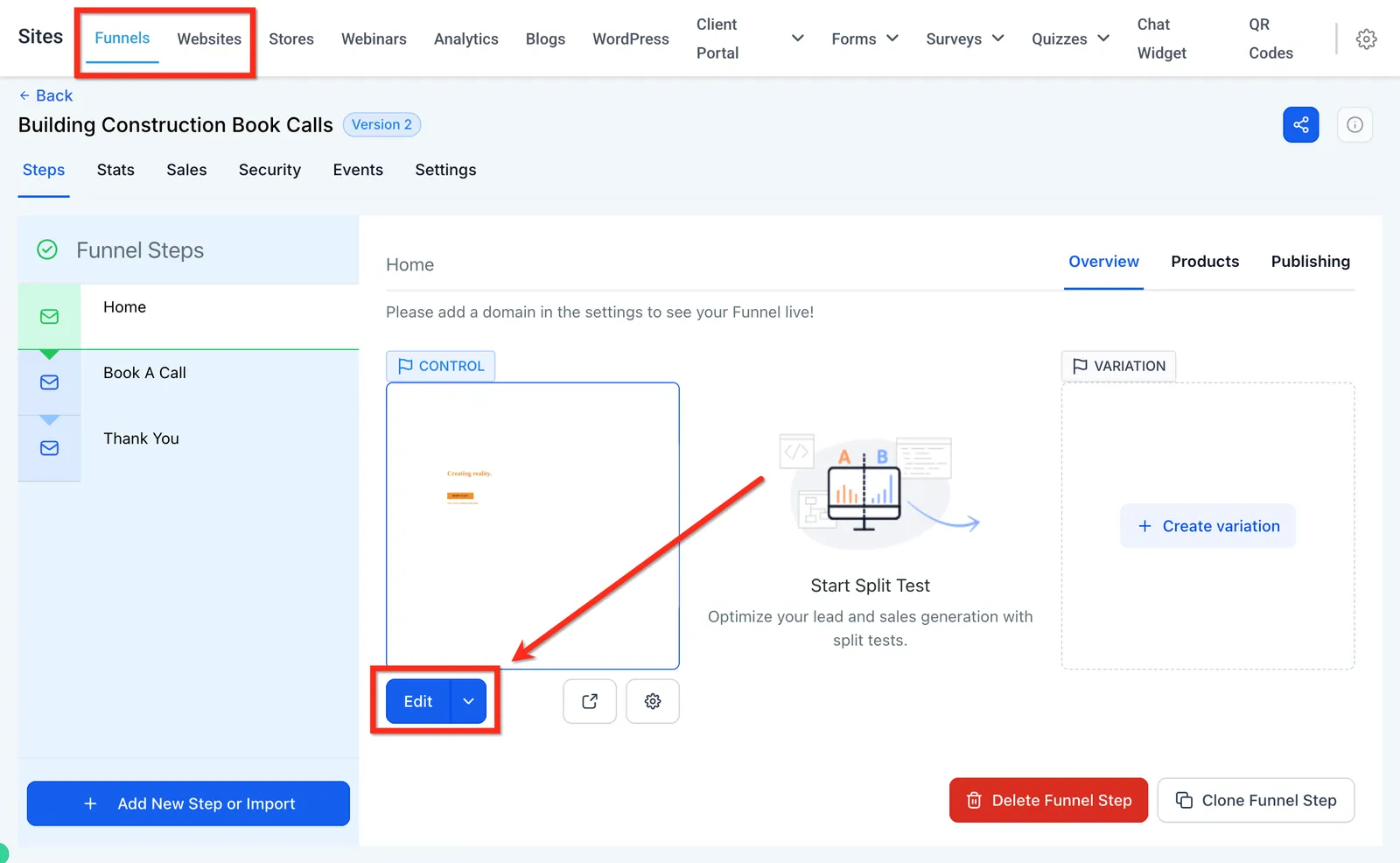 Apertura della pagina nel Website Builder