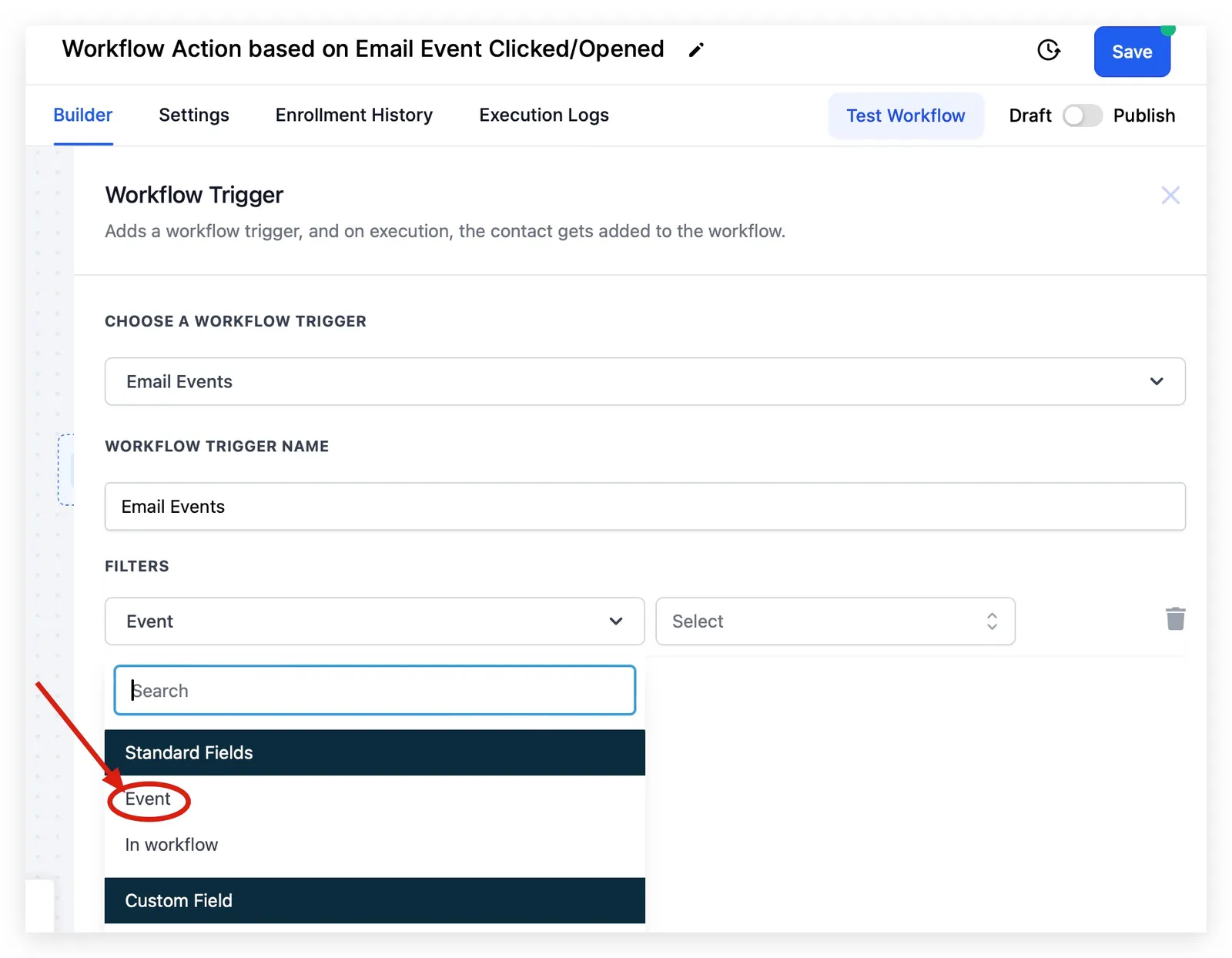 Seleziona Email Events poi Evento