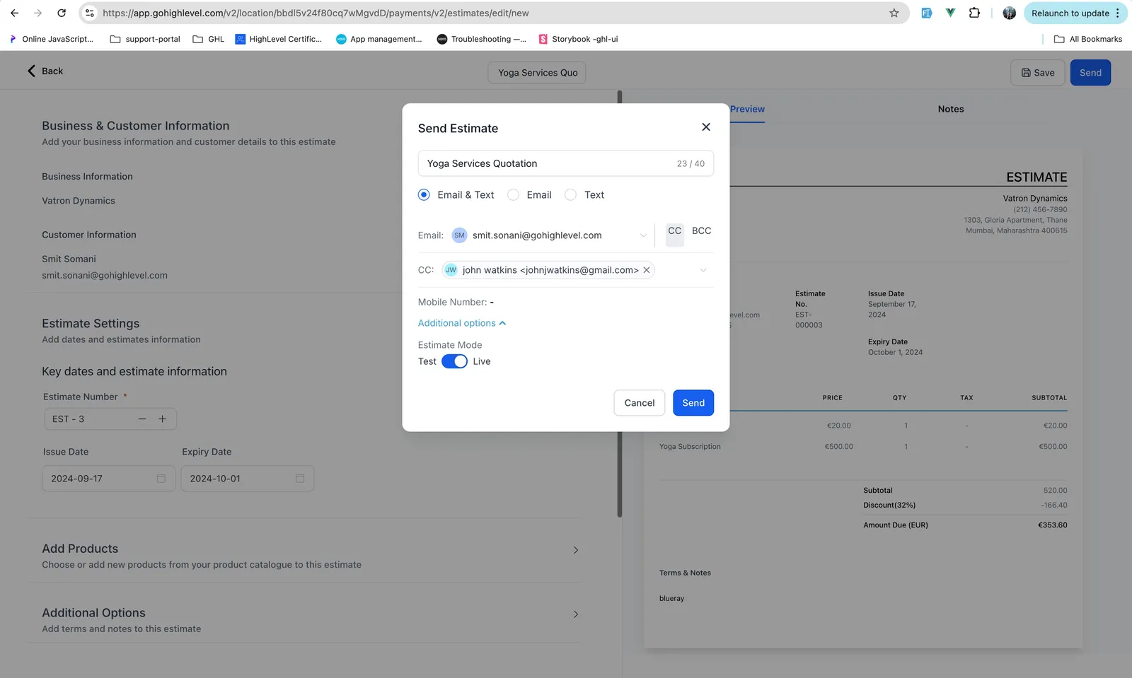 Screenshot dell'invio di un preventivo via email o SMS