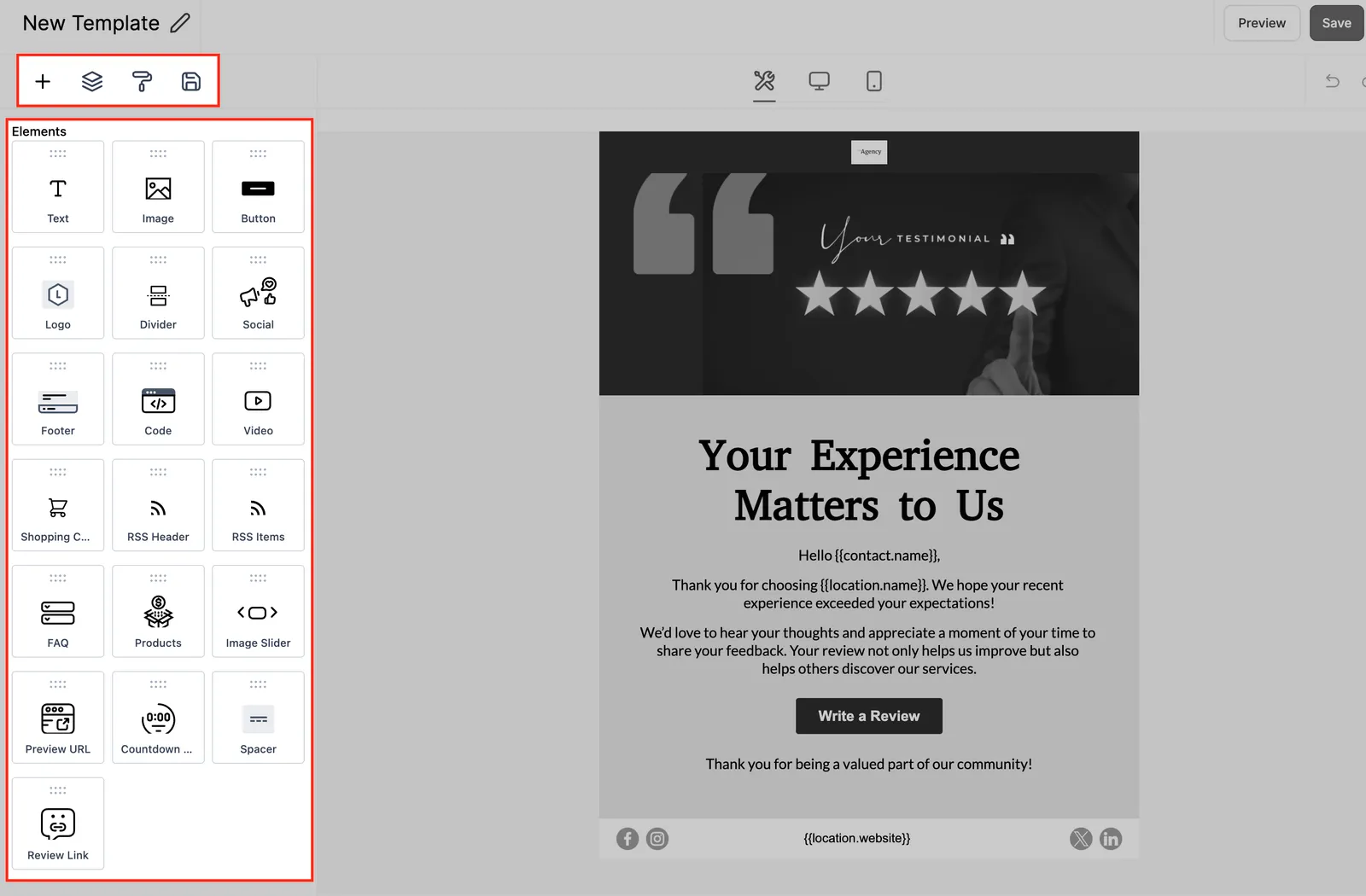 Schermata dell'Email Builder con opzioni di personalizzazione