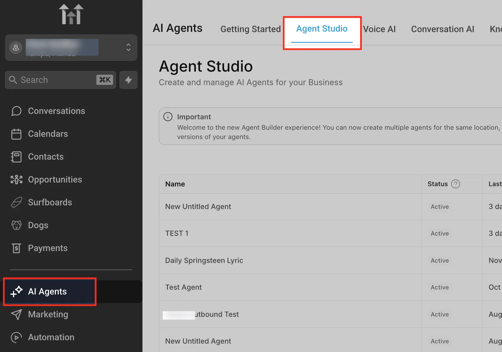 Apertura di Agent Studio