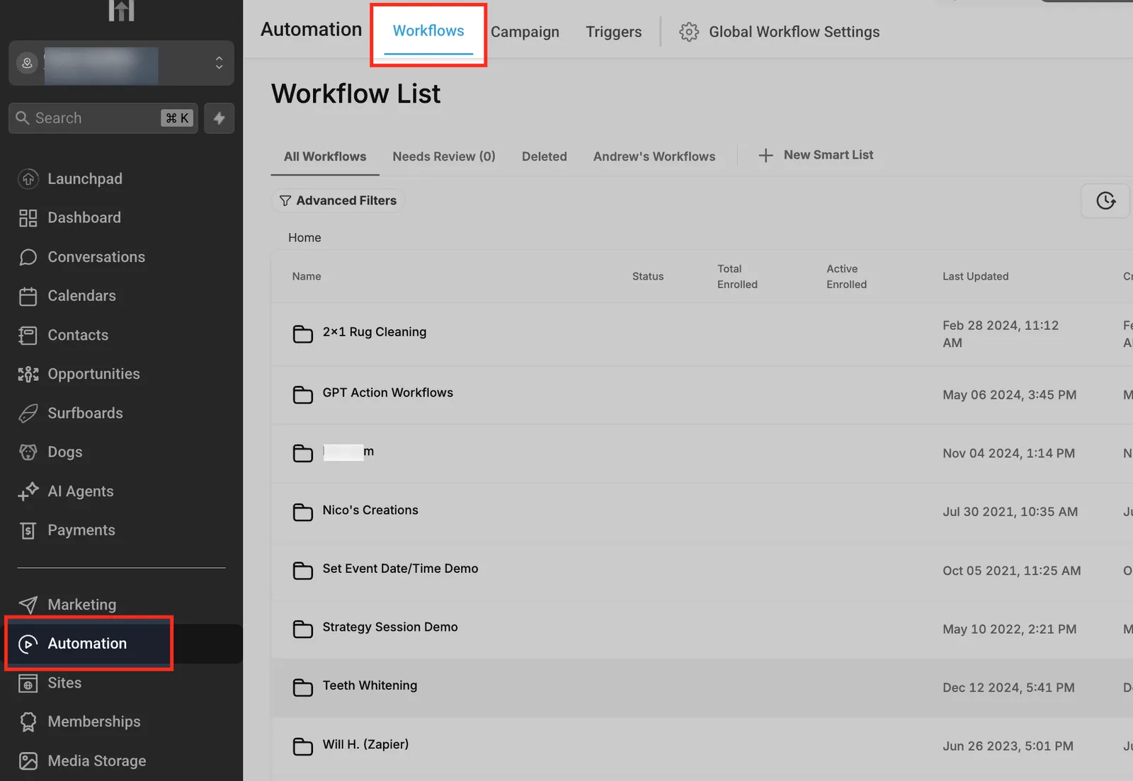 Schermata del Workflow Builder con la lista dei Workflow
