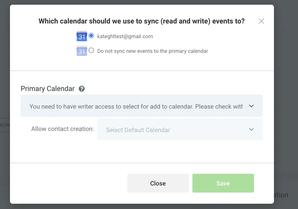 Schermata errore accesso scrittura Google Calendar