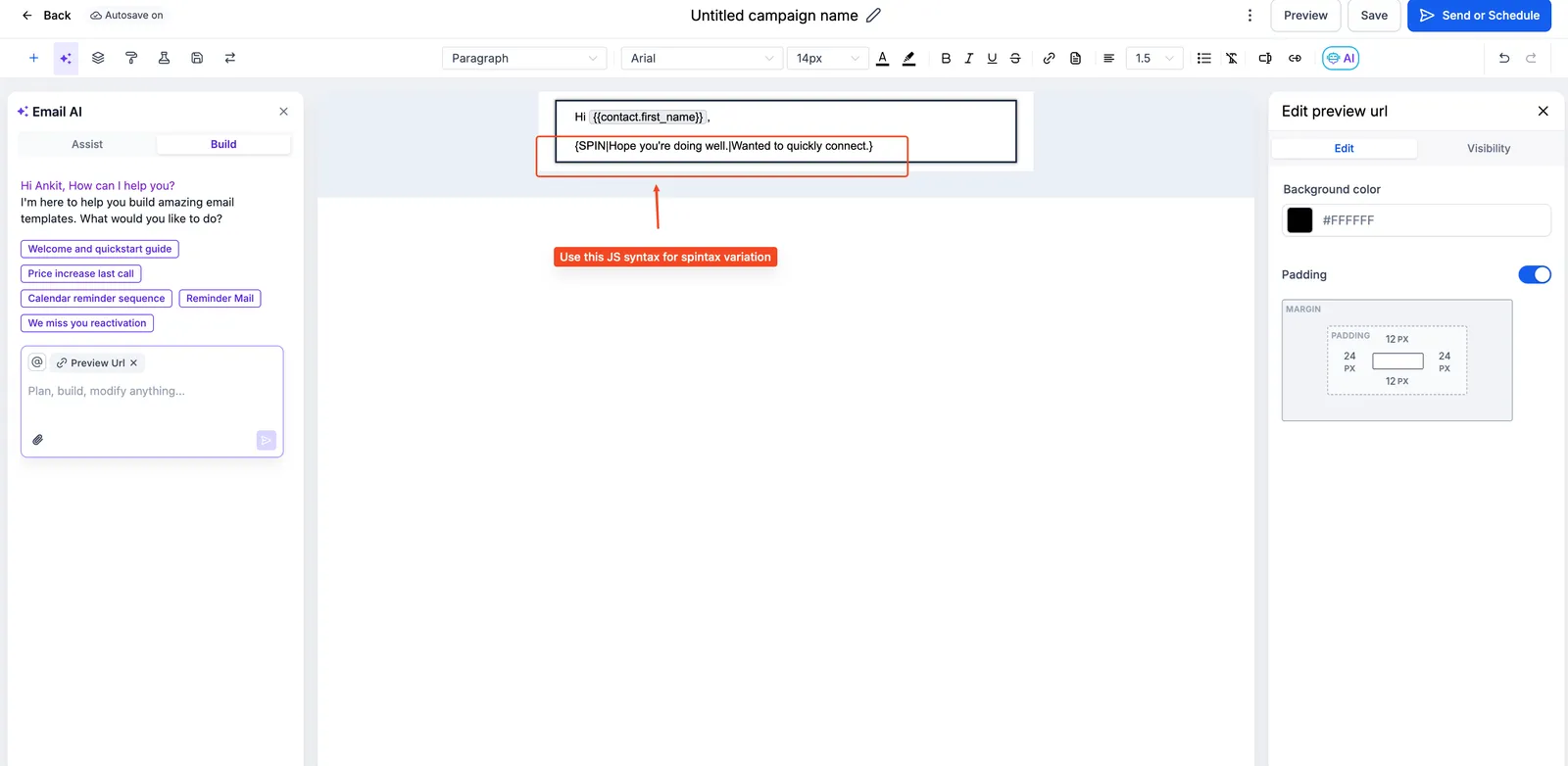 Esempio di Spintax nell'editor email