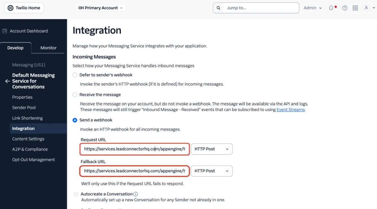 Schermata configurazione Send a webhook su Twilio