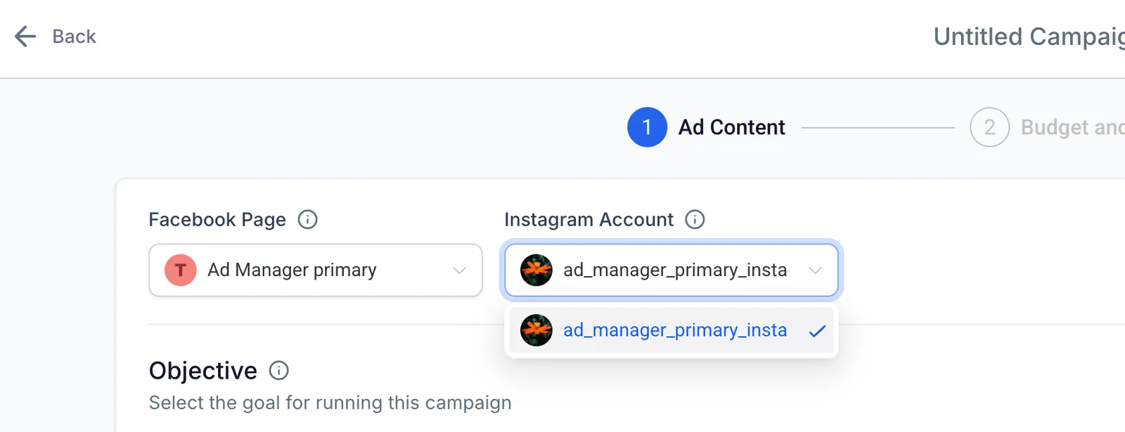 Selezione pagina Facebook e account Instagram