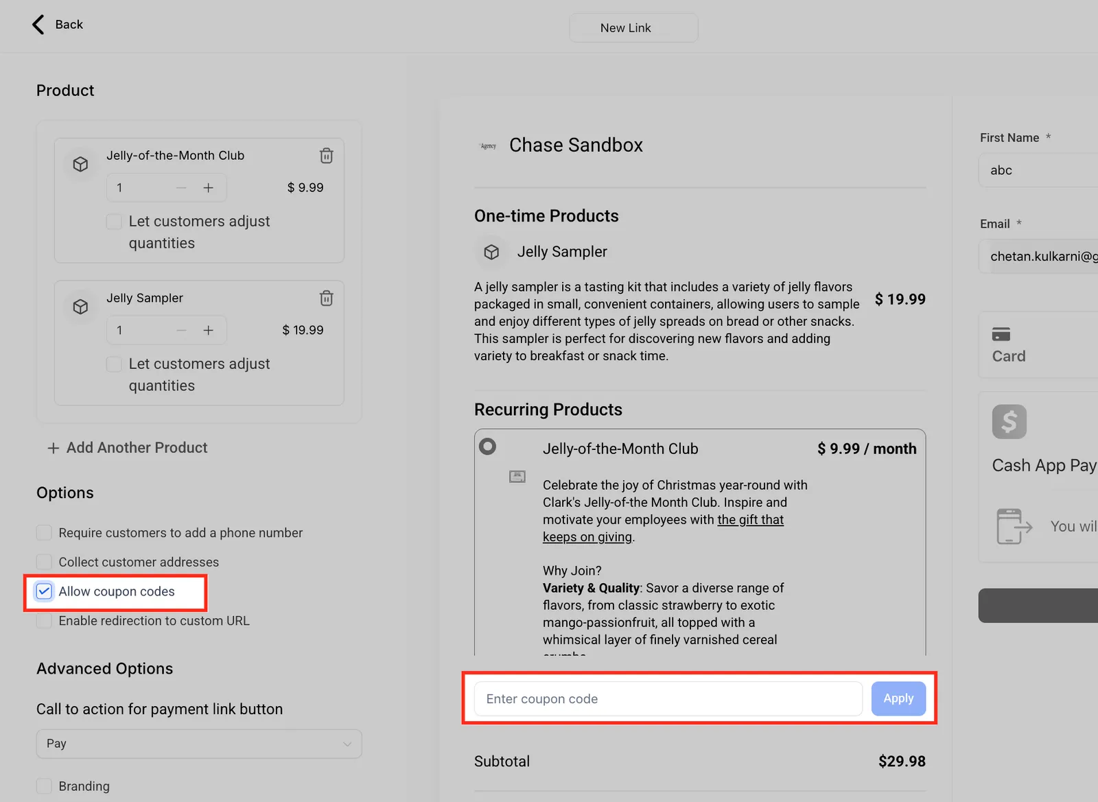 Opzione codici coupon al checkout