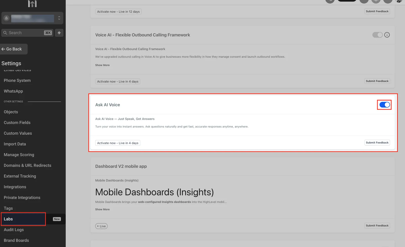 Schermata delle impostazioni Labs per la modalità vocale di Ask AI