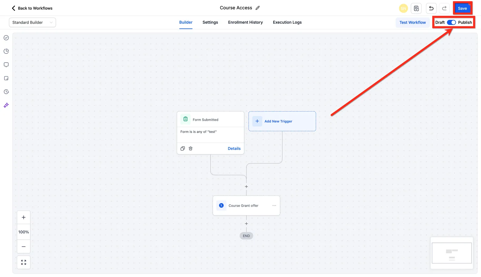 Schermata di pubblicazione e salvataggio del Workflow