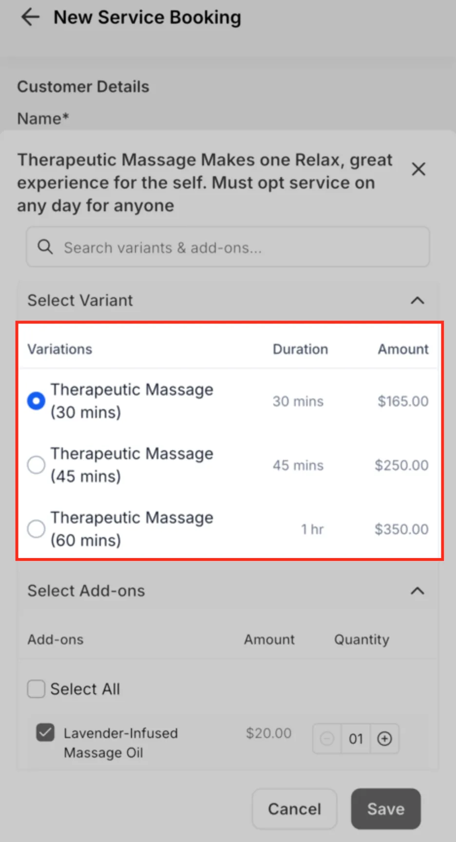 Schermata selezione varianti e add-on