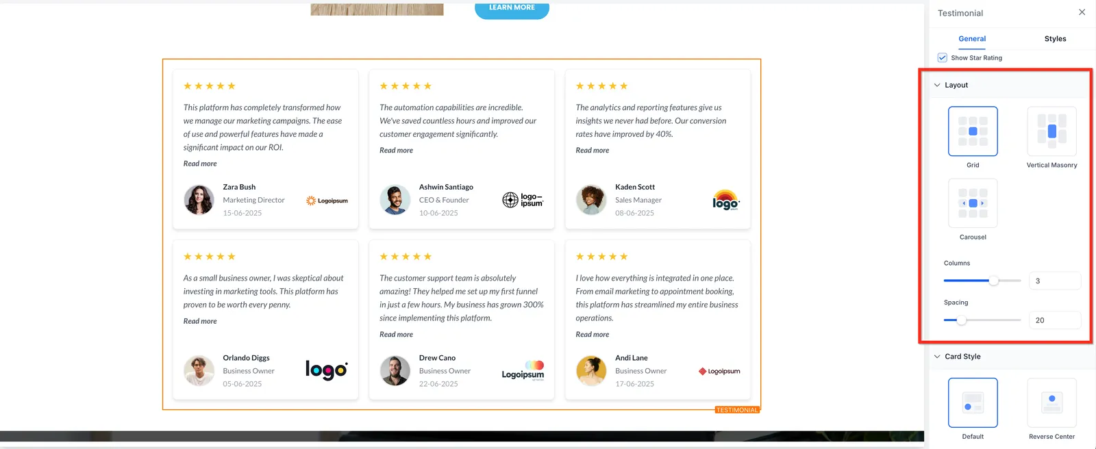 Opzioni di layout testimonianze
