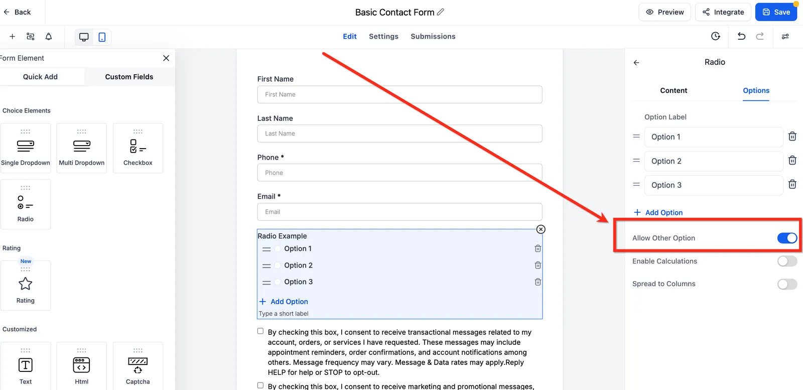 Toggle Consenti altre opzioni attivato nel pannello impostazioni