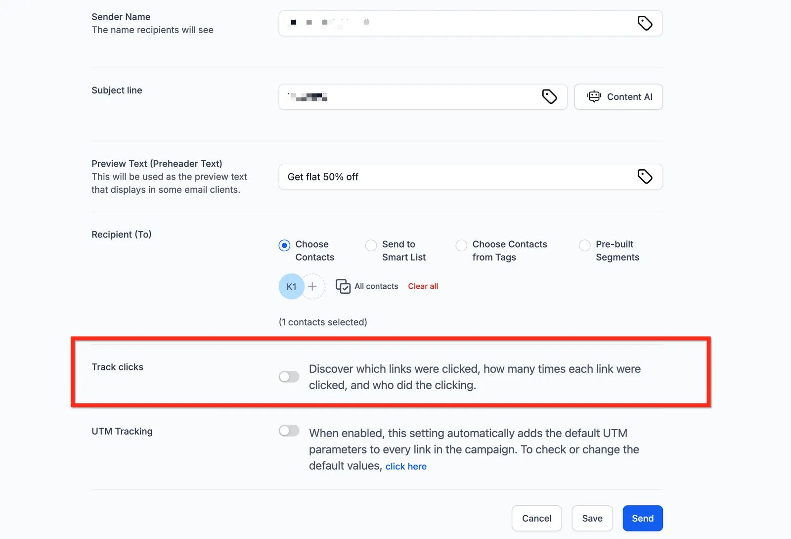 Opzione per abilitare il click tracking nella schermata di invio campagna