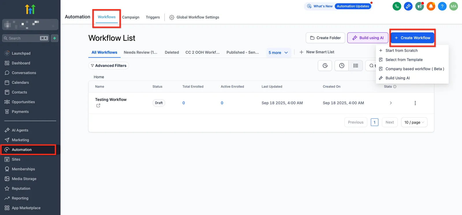Navigazione verso Automazioni e Workflow