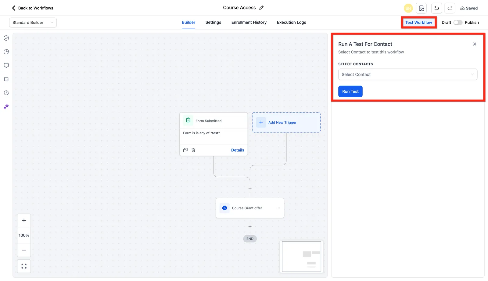 Schermata di test del Workflow