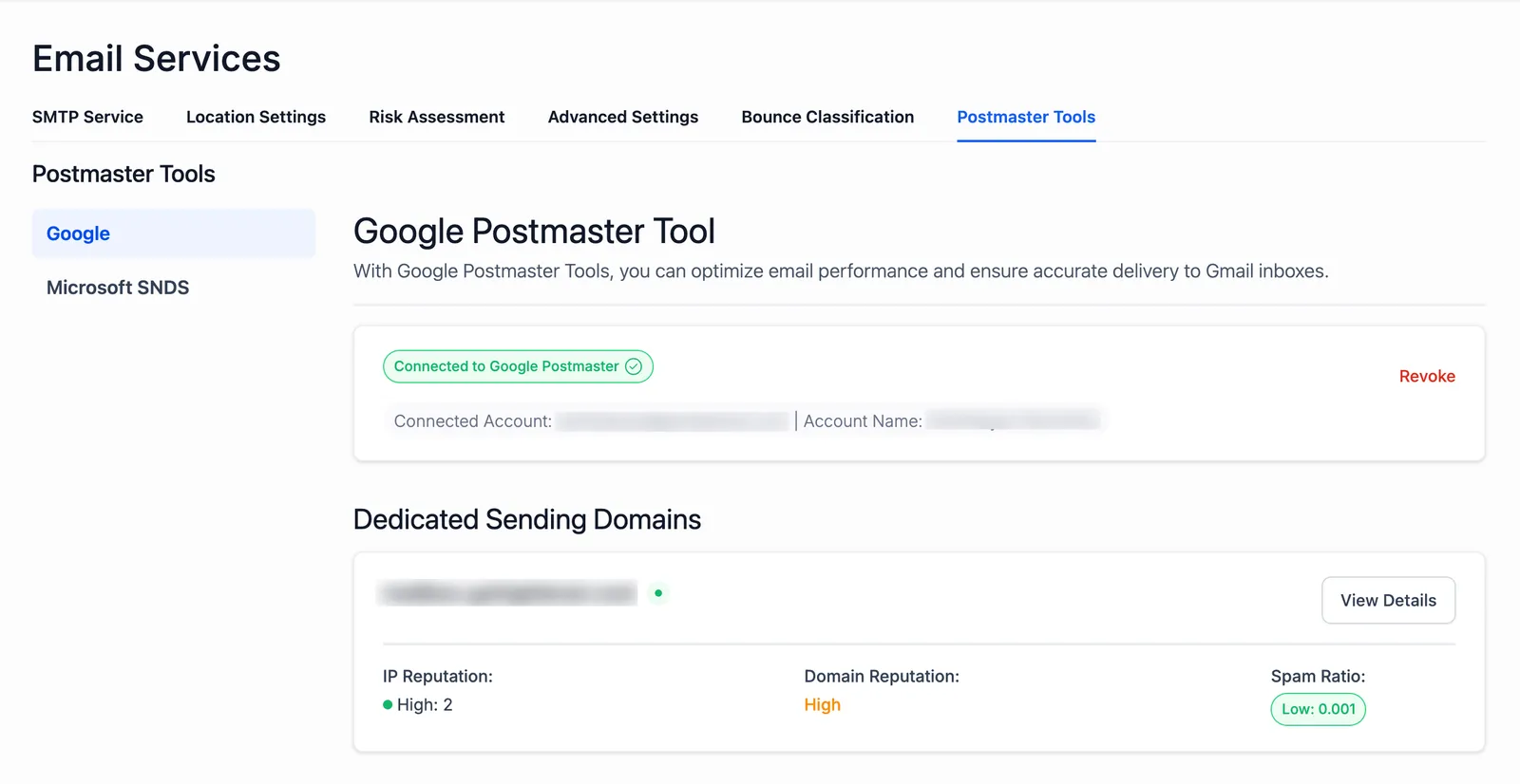 Dashboard connessa con le metriche Postmaster per i tuoi domini di invio dedicati