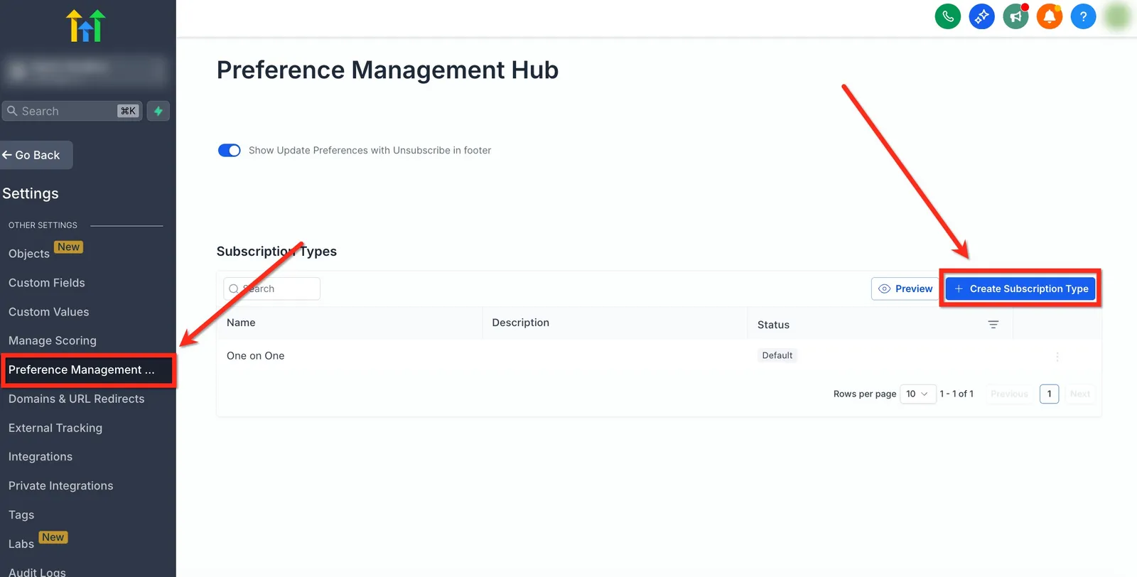 Pulsante Crea Tipo di Iscrizione nel Preference Management Hub