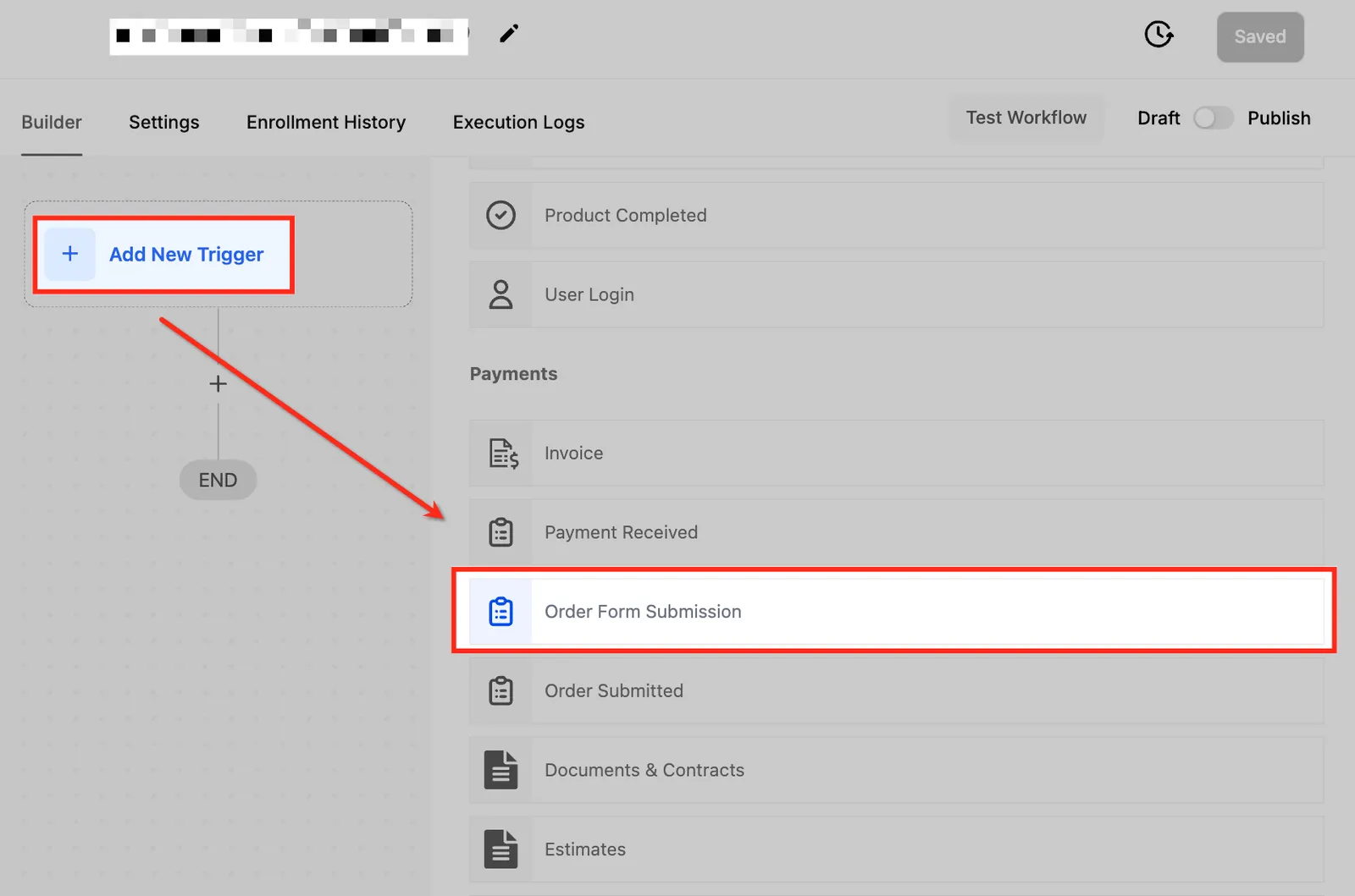 Selezione del trigger Invio Modulo d'Ordine nel Workflow Builder
