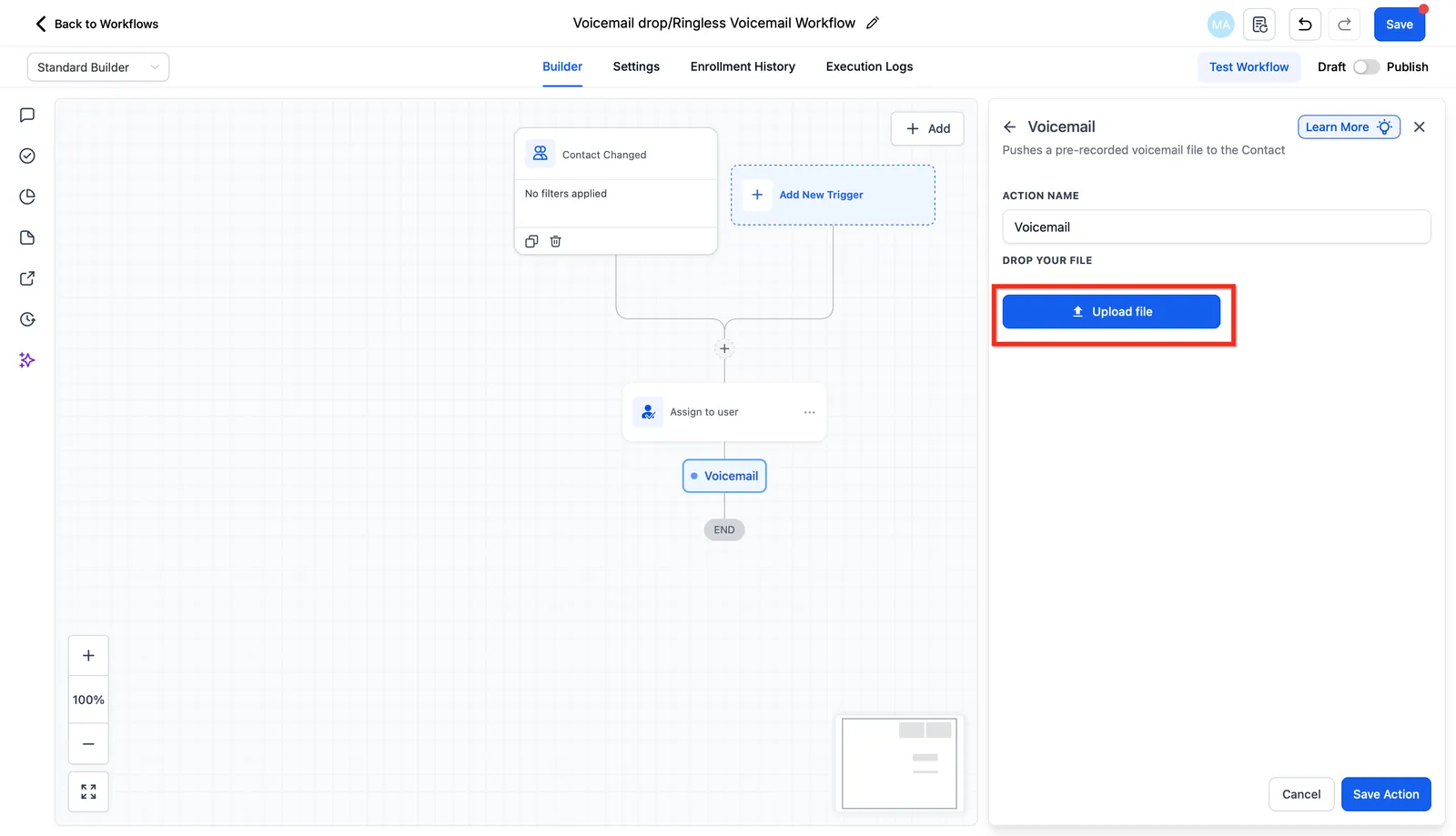 Aggiunta dell'azione Voicemail nel Workflow