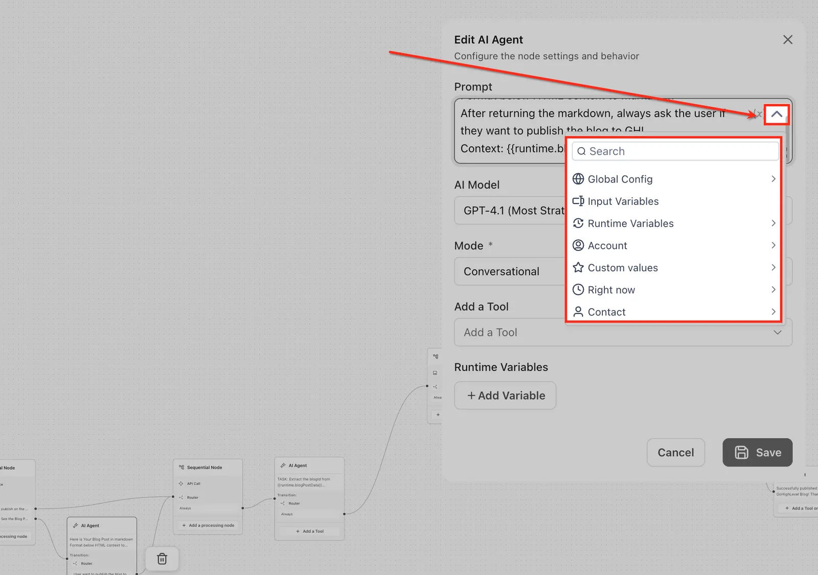 Inserimento di una variabile in Agent Studio