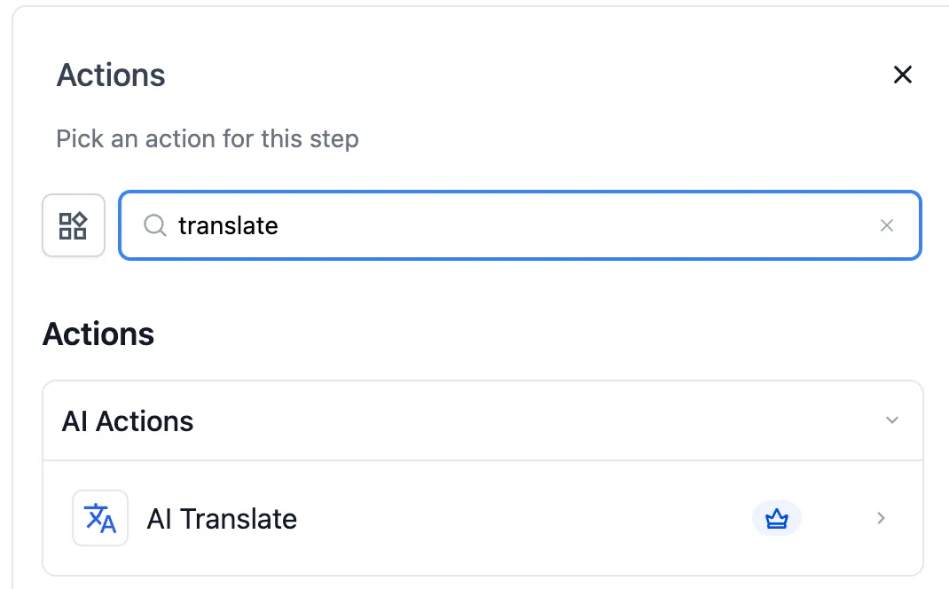Ricerca dell'azione Translate nel builder dei Workflow