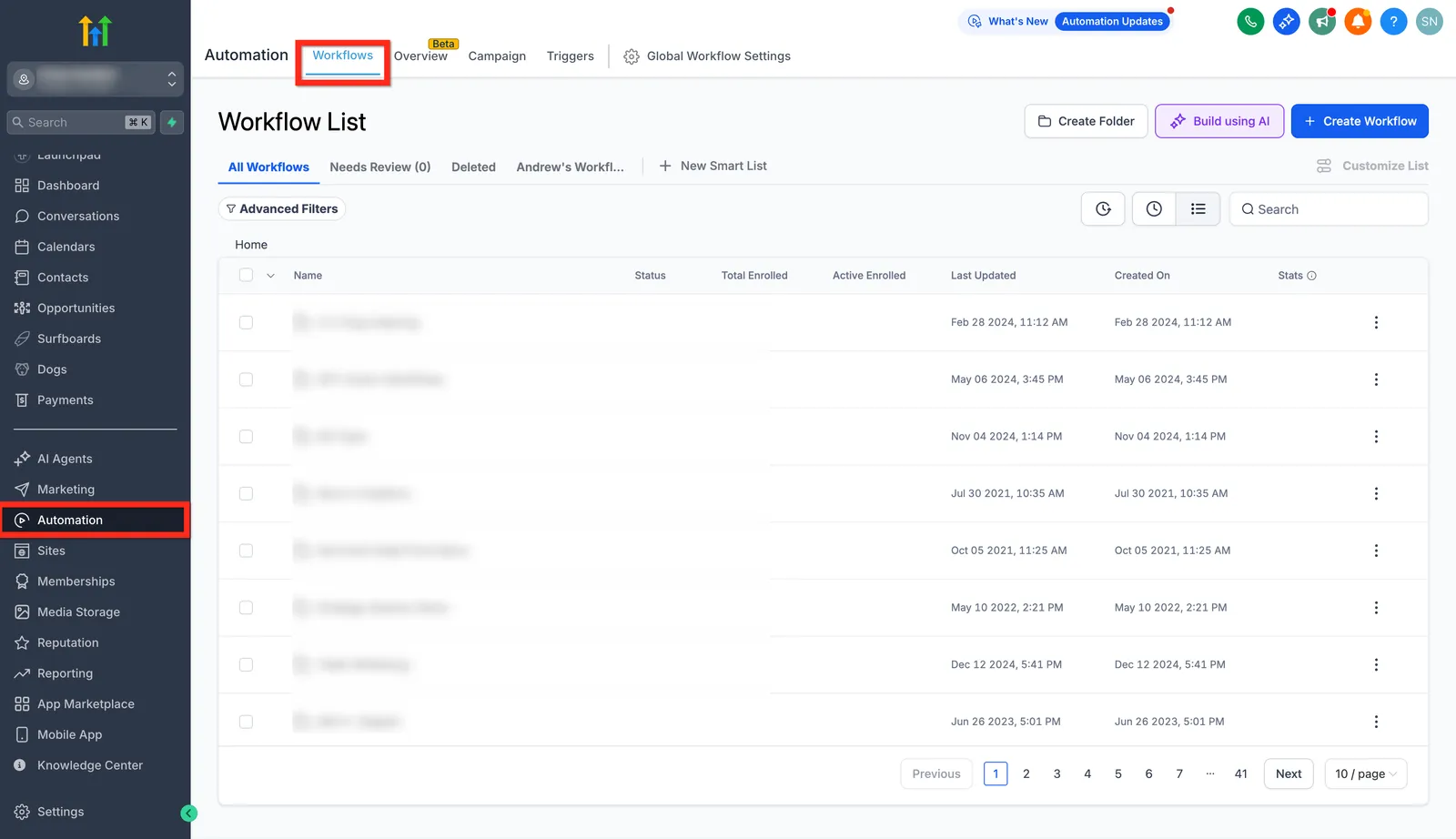 Schermata del menu Automazioni con il percorso verso i Workflow