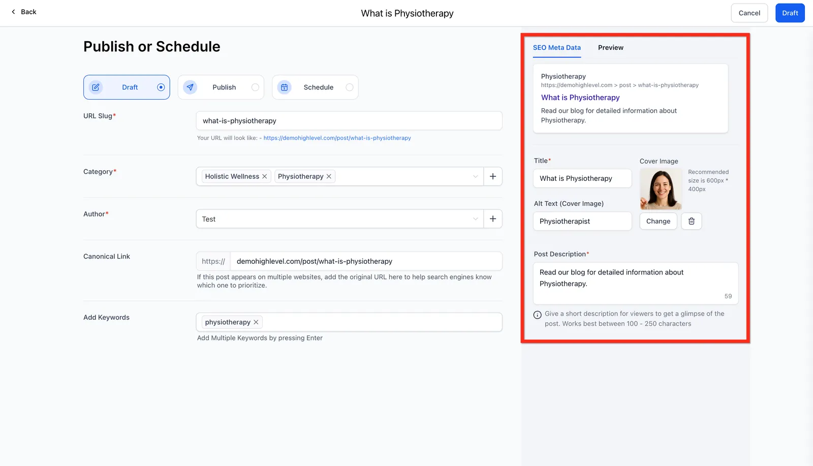 Schermata dettagli SEO